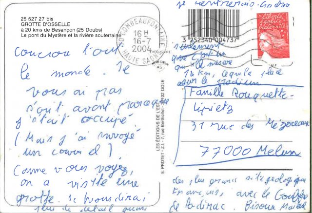 Carte postale adressé à la famille Rouquette-Lipietz, écriture maladroite